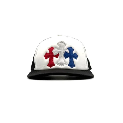 chrome hearts cemetery cross patch trucker hat pink white