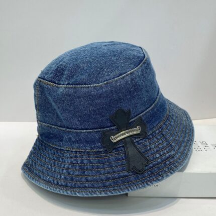 chrome hearts denim bucket hat with leather cross patch blue