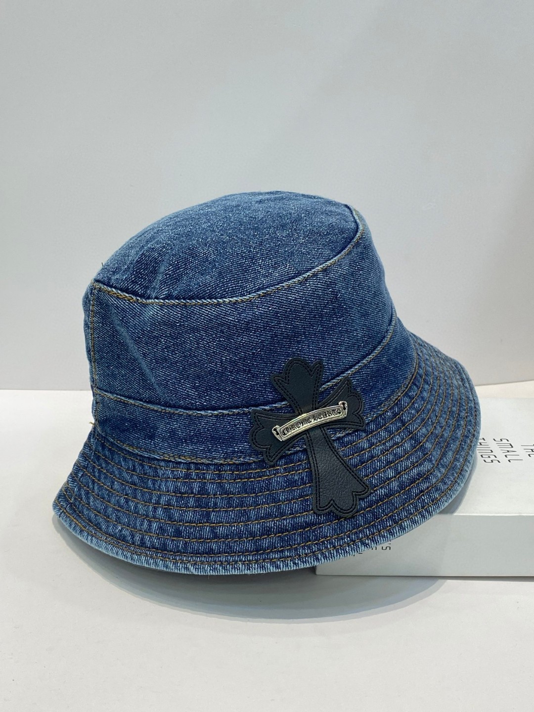 chrome hearts denim bucket hat with leather cross patch blue chrome hearts denim bucket hat with leather cross patch blue