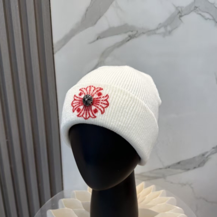 chrome hearts red floral cross silver stud beanie white